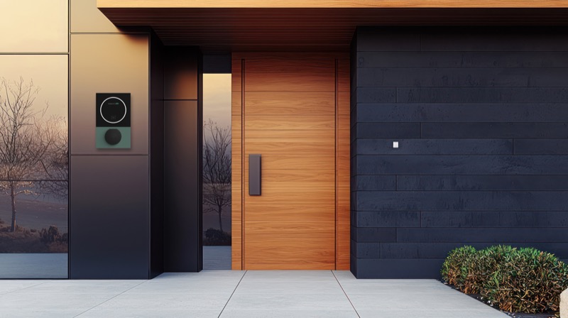 The Humax MX7 EV charger mounted on a dark wall beside a wooden door at a modern home entrance